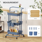 DTK 3 Tier Utility Cart with Cover Board, Rolling Cart with Lockable Wheels, Cups, Hooks for Home Office, Art Craft Storage, Home School Organization and More Uses(Blue)