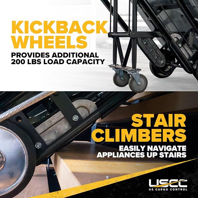 US Cargo Control Appliance Dolly with Stair Climber & Kickback Wheels (12-Pack), 1,200 LBS Capacity, Industrial Appliance Hand Truck with Single Auto Recoil Strap System, Heavy Duty Steel Hand Truck
