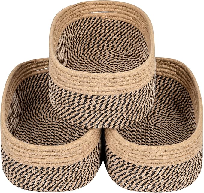 CubesLand Small Baskets, Storage Baskets for Organizing Shelves, Rectangular Woven Storage Baskets Natural Cotton Rope Toy Storage Bins Closet Baby Baskets Empty Gifts Baskets Camel/Mixed Black