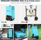 VILLEY Collapsible Folding Wagon with Big Wheels, All Terrain Beach Wagon Cart Heavy Duty Foldable, Enlarged 225lbs Capacity, Portable Utility Garden Cart with 2 Cup Holders and Brake, Blue