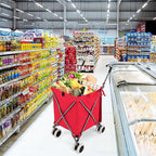 Goplus Folding Shopping Cart with Wheels, Grocery Cart with Removable Oxford Cloth Liner, Lightweight Utility Cart for Groceries Laundry, Red