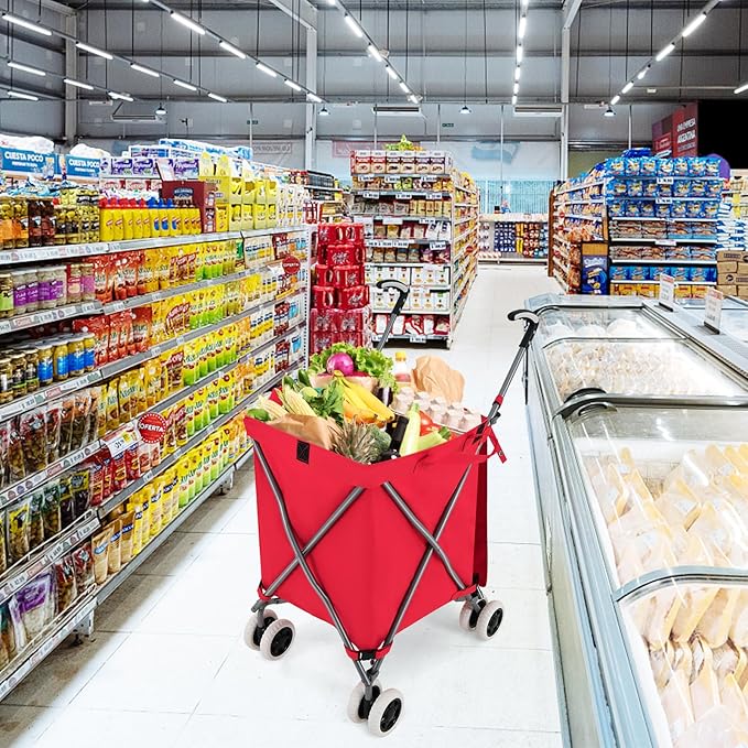 Goplus Folding Shopping Cart with Wheels, Grocery Cart with Removable Oxford Cloth Liner, Lightweight Utility Cart for Groceries Laundry, Red