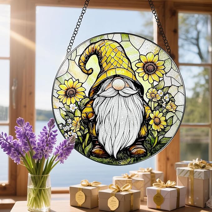 8″ Stained Glass Window Hanging Ornament, Sunflower Gnome Stained Glass Suncatcher Ornament, Sun-Catcher Window Decor | Christmas & Birthday Gifts, Festival Gifts | Gift for Her