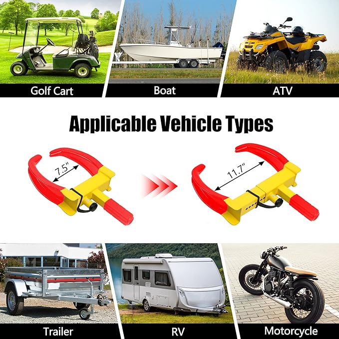 KAYCENTOP Wheel Clamp Lock Tire Lock Anti Theft Lock Fit Most Vehicles Max 11" Tire Width and 7" Reach for Trailers SUV Boats ATVs Motorcycles Golf Cart Great Deterrent Bright Yellow/Red, 3 Keys