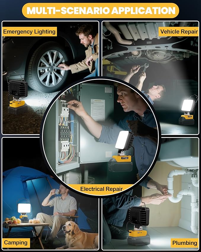 LIVOWALNY LED Work Light Compatible with Dewalt Battery, 88W 8800LM Battery Flashlight Cordless, Portable Tools LED Floodlight with USB A & USB C Output Port for Camping, Hiking, Emergency & Job Site
