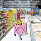 Goplus Folding Shopping Cart with Wheels, Grocery Cart with Removable Oxford Cloth Liner, Lightweight Utility Cart for Groceries Laundry, Pink