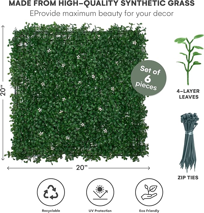 flybold Artificial Boxwood Hedge Panels - Grass Wall Backdrop Decor Indoor and Outdoors - Greenery Wall, Faux,Fake Grass Wall - Decorative Hedge, Garden Fence Panels - 20x20 inch - Pack of 6