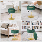 Adjustable Vanity Stool with Storage, 360° Swivel Makeup Stool Chair Small Velvet Round Ottoman with Gold Base for Bedroom, Green