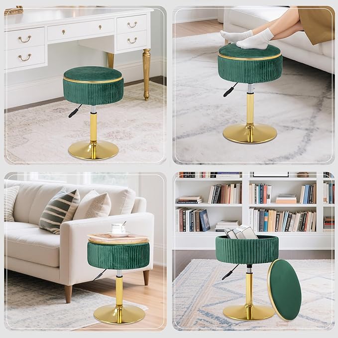 Adjustable Vanity Stool with Storage, 360° Swivel Makeup Stool Chair Small Velvet Round Ottoman with Gold Base for Bedroom, Green