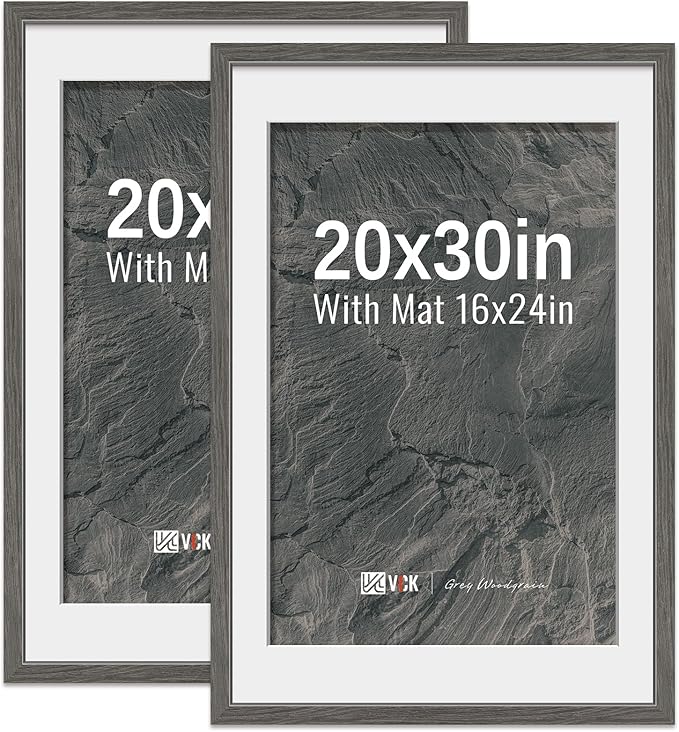 VCK 20x30 Poster Frame 2 Pack - Grey, High-End Wood Picture Frames with Polished Plexiglass, Display 16x24 Photo with Mat or 20x30 without Mat, Art Gallery-Quality, Wall Hanging, Grey