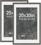 VCK 20x30 Poster Frame 2 Pack - Grey, High-End Wood Picture Frames with Polished Plexiglass, Display 16x24 Photo with Mat or 20x30 without Mat, Art Gallery-Quality, Wall Hanging, Grey