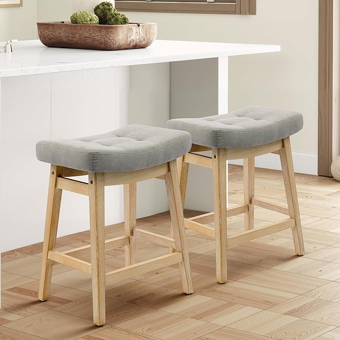 Counter Height Bar Stools Set of 2 for Kitchen Counter Farmhouse Modern Barstools with Upholstered Fabric Backless Seat and Solid Wood Legs 24 inch Bar Chairs, Grey + Wood Color