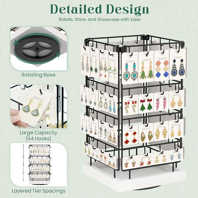 EsLuker.ly Rotating Earring Display Holder Stand for Vendors Events Selling, Large Capacity 64 Hooks Jewelry Rack with Wooden Base for Earring Card Sales, Enhances Retail Display Visibility