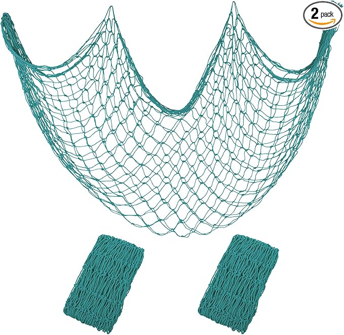 Decorative Fishing Net 2 Pack, 80x40 Inch Large Aqua Fish Net Decor for Wall, Photo Display, Nautical Mermaid Pirate Ocean Themed Beach Hawaii Under The Sea Party Decorations