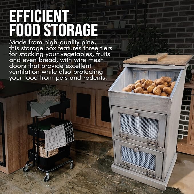 Peaceful Classics Potato Storage Wood Box, Wooden Bread Bins, Decorative Onion Bin w/Grocery Section, Vegetable Storage w/Lid for Kitchen Pantry, Pewter