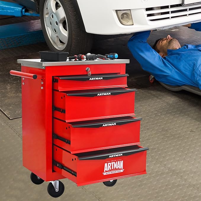 4 Drawers Tool Cart on Wheels with Stainless Steel Worktop, Heavy Duty Mobile Rolling Drawer Tool Chest with Locking Wheels & Lockable Drawers, Garage Tool Storage Cabinet (Red, 4 Drawers)