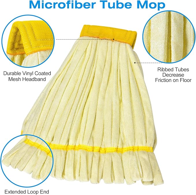 Matthew Cleaning Microfiber Tube Mop(Meduim,Yellow,6Pack) Heavy Duty Mop Head Replacement,Excellent Absorbency,Premium launderability,Reusable,Loop end for Home,Commercial and Industrial Use