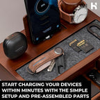 Holme & Hadfield Premium Wooden Phone Docking Station with Drawer – Nightstand Organizer for Charging Phone & Earbuds – Declutter Your Space with Felt-Lined Protection & Watch Pillar - Gift For Men