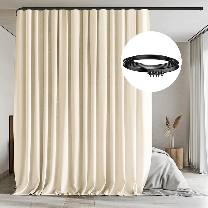 Room Divider Curtains with Flexible Ceiling Tracks Set,Blackout Curtain Ceiling Mount Curtain Track Privacy Room Dividers Ceiling Track Curtain Rod(Beige Drape & Black Rail W 10 × H 9 FT)