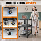 3 Shelf Metal Utility Cart - Durable Computer Cart on Wheels with Power Strip,Height Adjustable AV Presentation Cart Stand for Movie Projector,TV and Laptop Computers,Easy to Assemble, Black