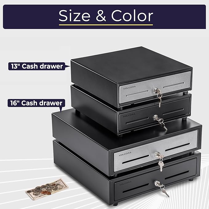 Volcora 16" Push Open Cash Register Drawer for Point of Sale (POS) System, Partial Removable Black Heavy Duty Till with 5 Bills/8 Coin Slots, Key Lock and Double Media Slots