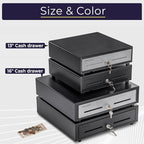 Volcora 16" Push Open Cash Register Drawer for Point of Sale (POS) System, Partial Removable Black Heavy Duty Till with 5 Bills/8 Coin Slots, Key Lock and Double Media Slots