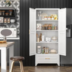 75" Kitchen Pantry Cabinet with Drawer, Metal Storage Cabinets with Doors and 4 Adjustable Shelves,White Kitchen Cabinet with 2 Gold Handles,Food Cupboard for Livingroom,Pantry, Bathroom