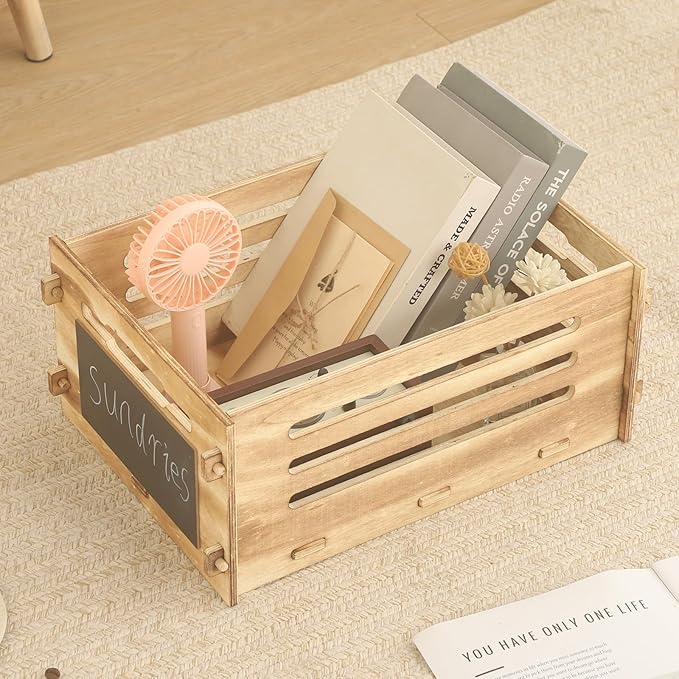 Wooden Record Crate Rustic Box for Home Office Storage Cube Record Organizer,Farmhouse Detachable Kitchen Fruits Vegetable Food Craets