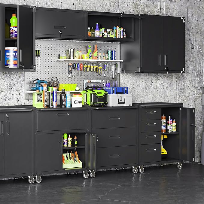 Metal Garage Storage Cabinet on Wheels, Lockable Rolling Tool Cabinet with Drawer and Shelves, Heavy Duty Mobile Steel Cabinet for Garage Warehouse Workshop
