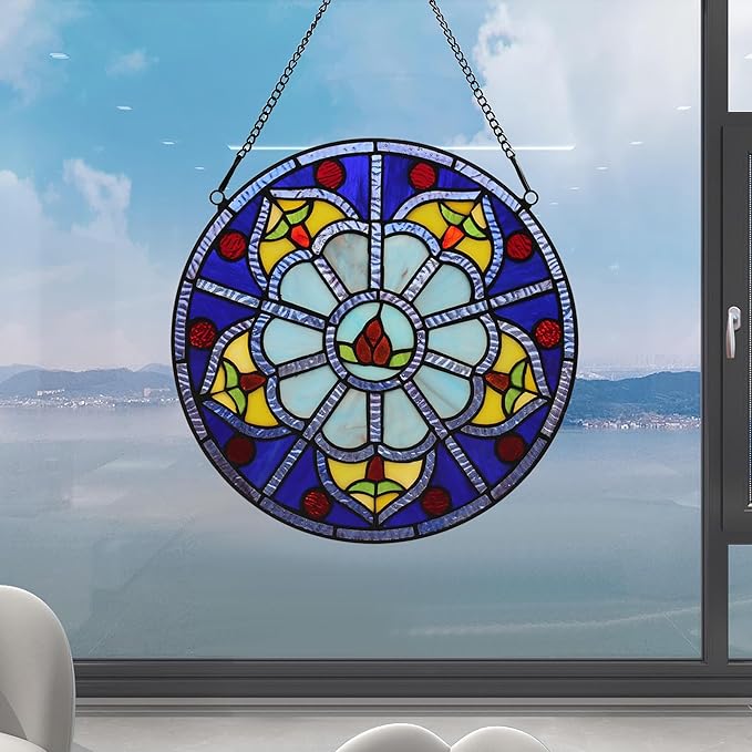 Stained Glass Window Hanging Tiffany Plant Style Blue Flower Suncatcher 12" Roud Wall Decor Art Panel Include 20" Chain and Hooks Perfect Christma Housewarming Gift
