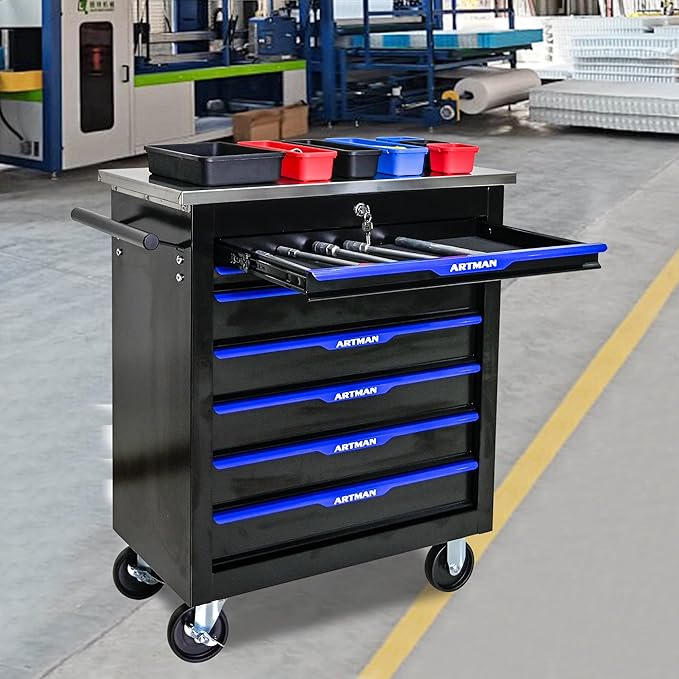 7 Drawer Rolling Tool Chest with Locker, 25.9" D Metal Movable Lockable Tool Cart Box Multi-Functional Hardware Storage Cabinet Box for Warehouse Basement Home Pantry Garage