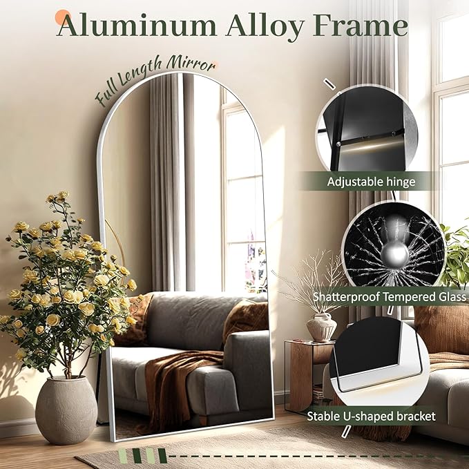 EOGOW 71" x 31" Arched Full Body Mirror,Standing or Leaning Tempered Glass Shatterproof Full Length Mirror with Stand for Bedroom Living Room Entryway,Silver