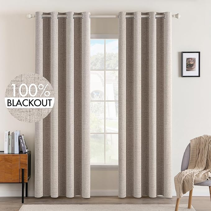 MIULEE Blackout Curtains for Bedroom Linen Texture Solid Thermal Insulated Natural Khaki Grommet Room Darkening Curtains & Drapes Luxury Decor for Living Room Nursery 52x72 Inch (2 Panels)