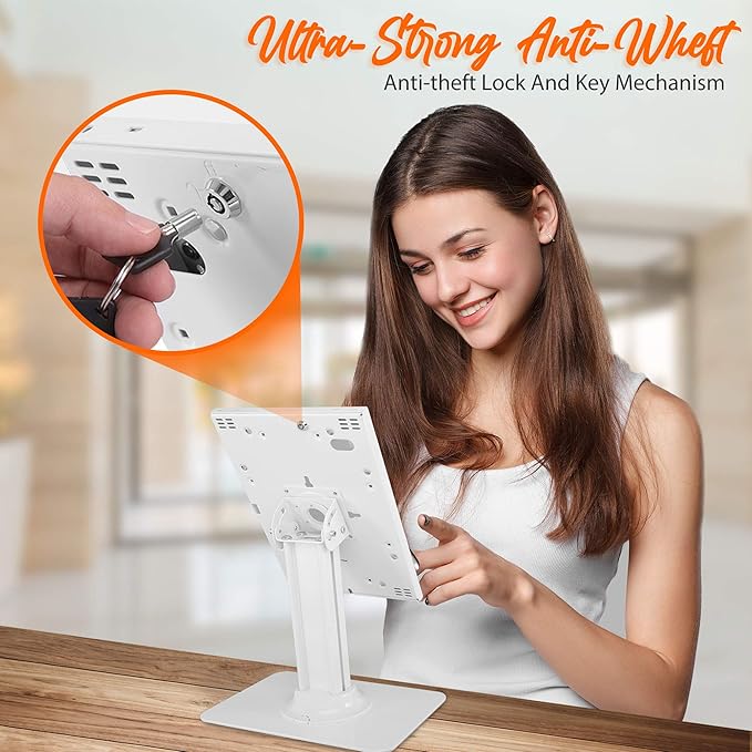 Pyle Anti Theft Tablet Security Stand - Table Mount Desktop Ipad Kiosk Stand w/Lock and Key Mechanism, 90° Rotate 75° Tilt - iPad, iPad Air, iPad Pro, Samsung Galaxy Tab A (2021) PSPADLK18, White