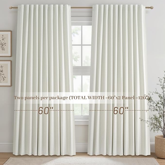 Cute Blackout Curtains 60 Inches Extra Wide Linen 96 Inch Length for Living Room/Sliding Glass Door,Pleated Heavy Duty Thermal Drapes for Winter Thick Large Window(60"Wx96"L 2 Panels Beige White)