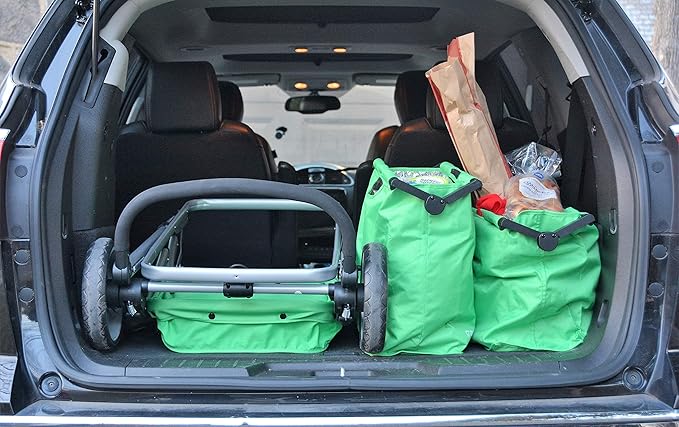 Reusable and Foldable 3 Shopping Bags Easy for Shopping and Carrying Groceries in Store (Silver Frame + 3 Green Baskets)