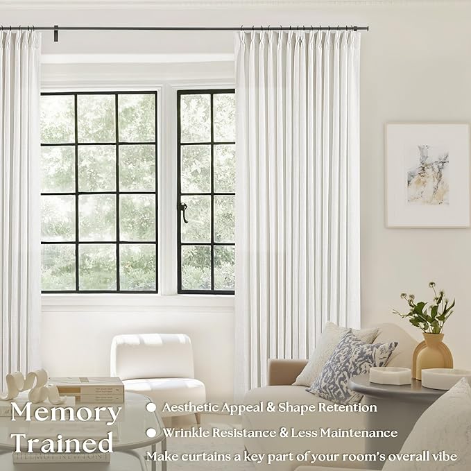 Beige White Linen Curtains 108 Inches Long 2 Panels Set for Living Room Neutral Boho Thick Linen Textured Pinch Pleated Memory Shape Light Filtering Ceiling Semi Sheer Window Curtain Hook Rings Ivory
