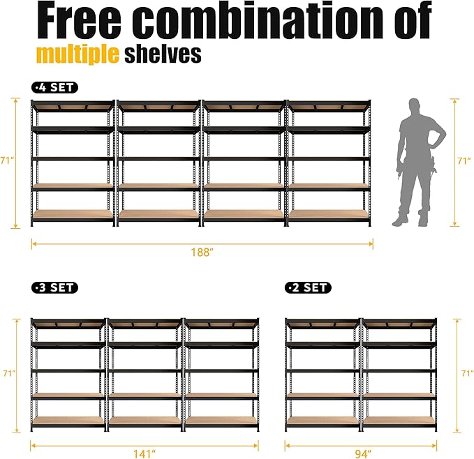PrimeZone 48" W x 18" D x 72" H Garage Shelving Heavy Duty - Adjustable Metal Storage Shelves, 5 Tier Industrial Shelving Unit, Utility Shelf Rack for Basement, Warehouse, Pantry, Closet, Black, 4Pack