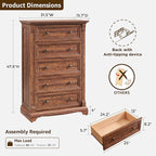 T4TREAM Farmhouse 5 Drawer Dresser for Bedroom, 47" Tall Wood Dresser with Ample Storage Space and Rustic Charm, Reclaimed Barnwood