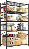 Storage Shelves 5-Tier Large Capacity Metal Shelving with Hooks, Heavy Duty Garage Shelving Unit with Leveling Feet, Stable Metal Shelves for Pantry, Kitchen and Closet, 72" H x 36" W x 12" D, Black