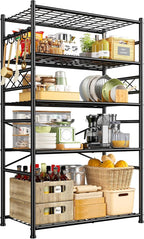 Storage Shelves 5-Tier Large Capacity Metal Shelving with Hooks, Heavy Duty Garage Shelving Unit with Leveling Feet, Stable Metal Shelves for Pantry, Kitchen and Closet, 72" H x 36" W x 12" D, Black