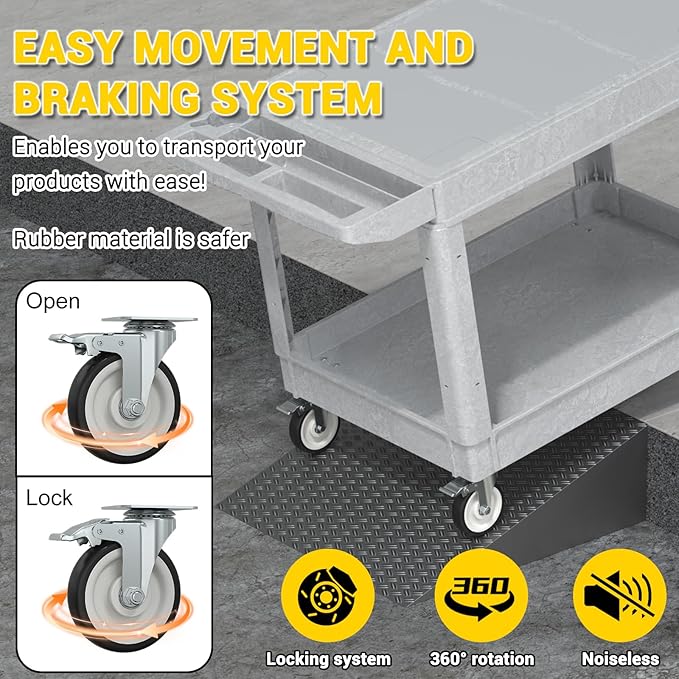 Heavy Duty Plastic Utility Cart with Wheels, Rolling Flatbed Tool Cart on Wheels, Service Cart for Garage, Warehouse, Workshop, Office, Cleaning (Gray-45.7 inch)