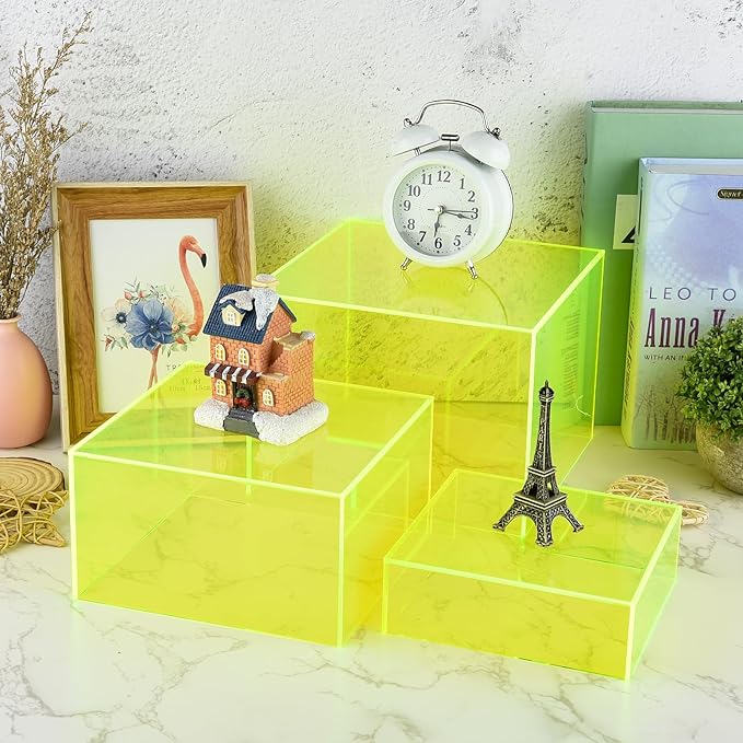 6Pcs Fluorescent Yellow Buffet Risers Acrylic Boxes Display Risers Food Risers for Buffet Table Display Riser for Platter Parties Weddings Catering Dessert Collectibles Figures Show ( 6''x7''x8'')