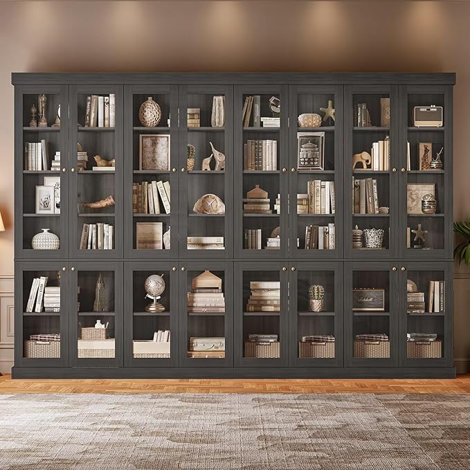 Vyre 70.8" Tall Black Bookshelf with Glass Doors, Farmhouse Modular Bookcase with 6-Tier Adjustable Shelves, Large Storage Cabinet for Home Office, Living Room, Set of 2