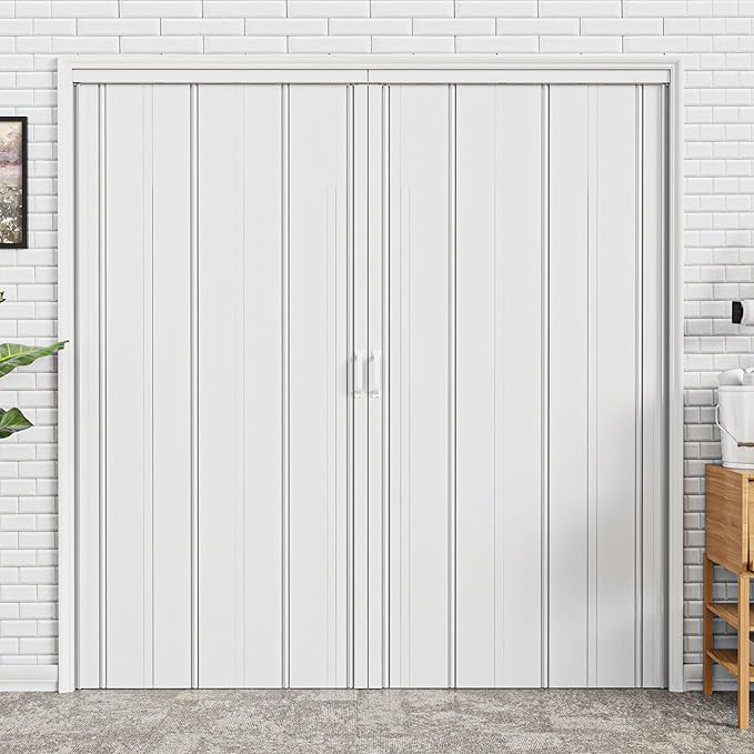 73-96 x 80in (Double 37-48) Enhanced Accordion Doors Interior Folding Door, White PVC Accordion Door with Upgraded Roller & Handle & Complete Hardware, for Closet Bathroom Doorways