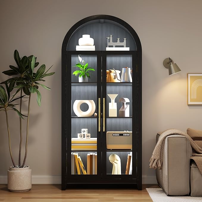 Vlsrka 71" Arched Display Cabinet with Glass Doors, Curio Cabinet with LED Light & Human Sensor, 5-Tier Display Cases for Collectibles, Storage Cabinet with Ajustable Shelf for Living Room(Black)