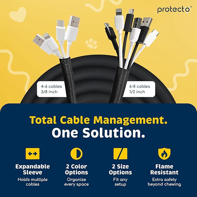 PROTECTO Heavy Duty Dog & Cat Cord Protector 10ft Long Sleeve, Easy-to-Use 3/8 in Cord Cover for Pet, Odorless Black Color, No Chew Solution for Power, Audio & Video Wire Tubing, Fits 4-6 Cables