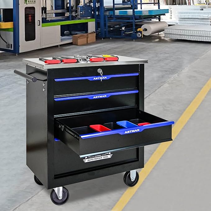 4-Drawer Heavy-Duty Rolling Steel Tool Cart with Handle&Wheels, Metal Storage Organizer Cabinet, Tool Chest for Efficient Tool Storage in Garage, Warehouse, Workshop, Repair Shop, Blue