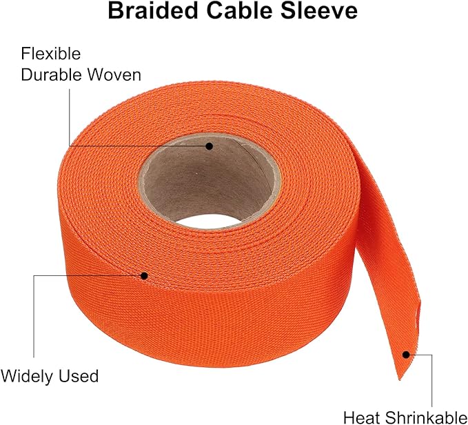 MECCANIXITY Braided Cable Sleeves Heat Shrinkable Fabric Sleeving, 1 3/8" 33ft Orange 2:1 Ratio Heat Shrinkable Cord Protector for Harness Cable, Network Cable Protection, Cable Management