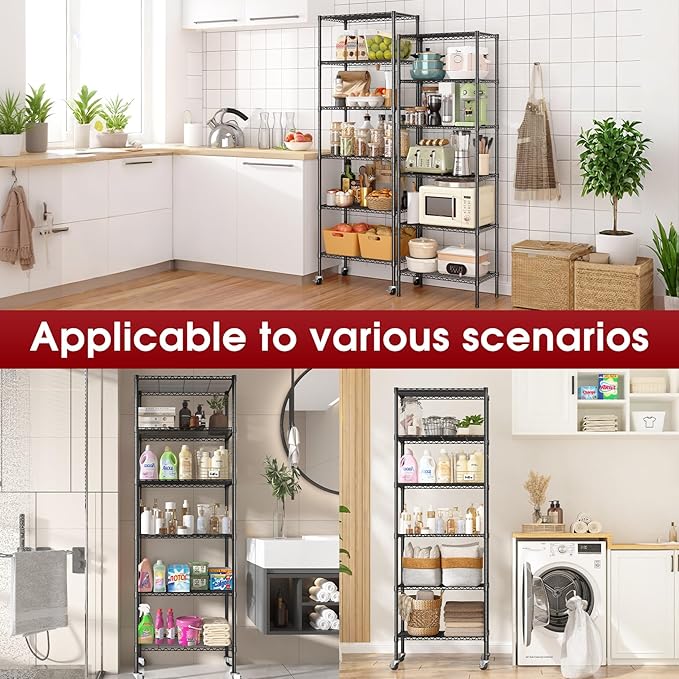 6-Tier Rolling Storage Shelves, 14" D x 24" W x 71" H Adjustable Space-Saving Wire Rack Shelving, 750 lbs Capacity Heavy Duty Metal Shelving with Wheels for Garage, Closet, Kitchen